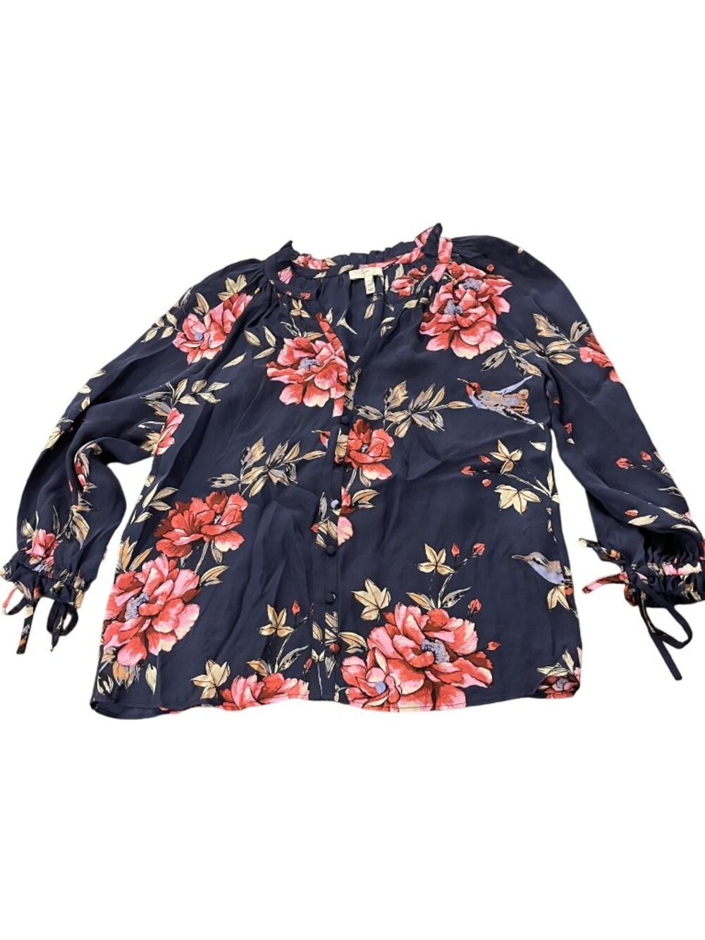 Joie Navy Silk Floral Button-Up Blouse With Long Tie Sleeves XXS